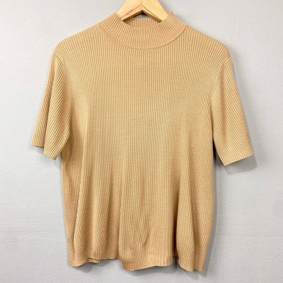 Vintage Sweaters - Vintage‎ 90s Sag Harbor Mock Neck Sweater Ribbed Knit Top Size L Camel Tan Brown